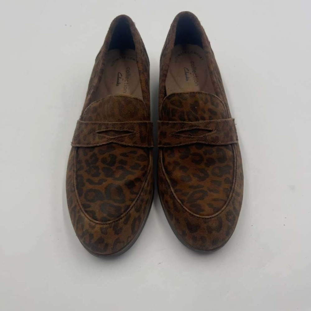 Clarks Trish Rose Tan Leopard Suede Penny‎ Loafers Womens 6W Wide 26163836